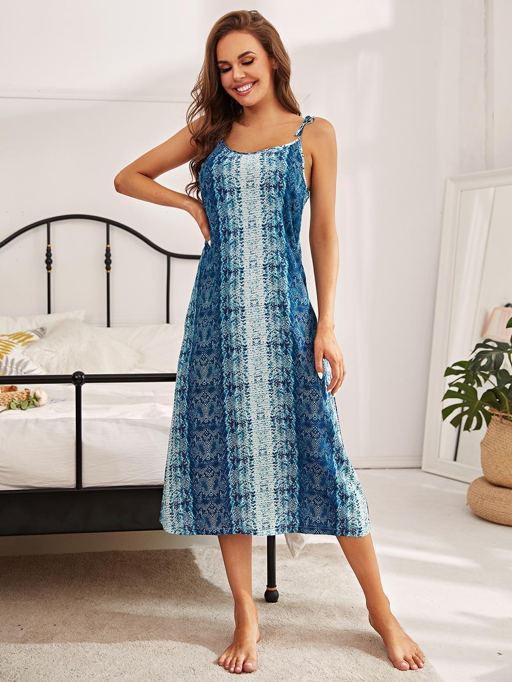 Printed Tie Shoulder Midi Night Dress BLUE ZONE PLANET