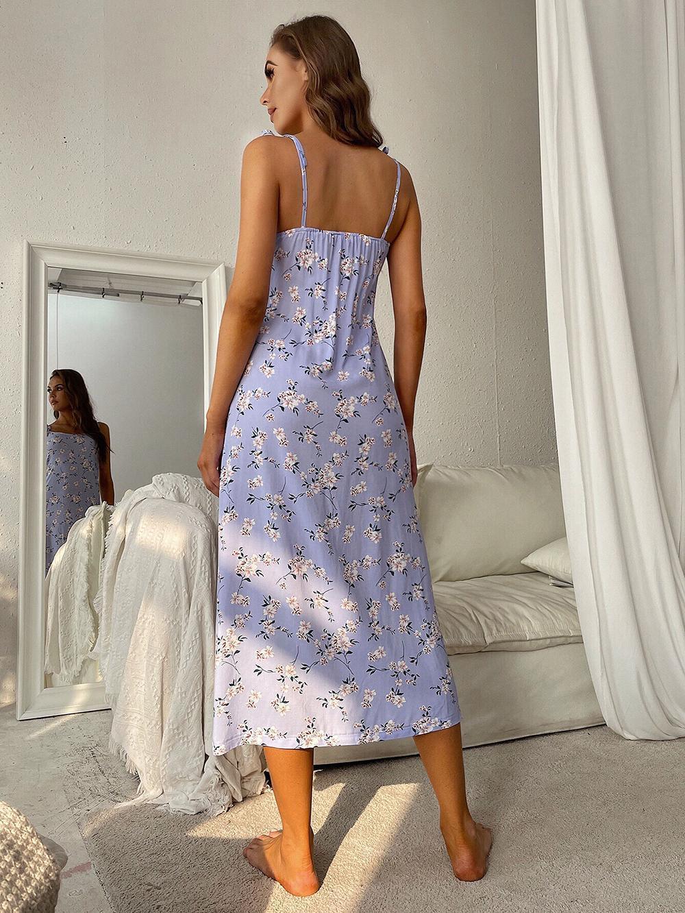 Printed Tie Shoulder Midi Night Dress BLUE ZONE PLANET