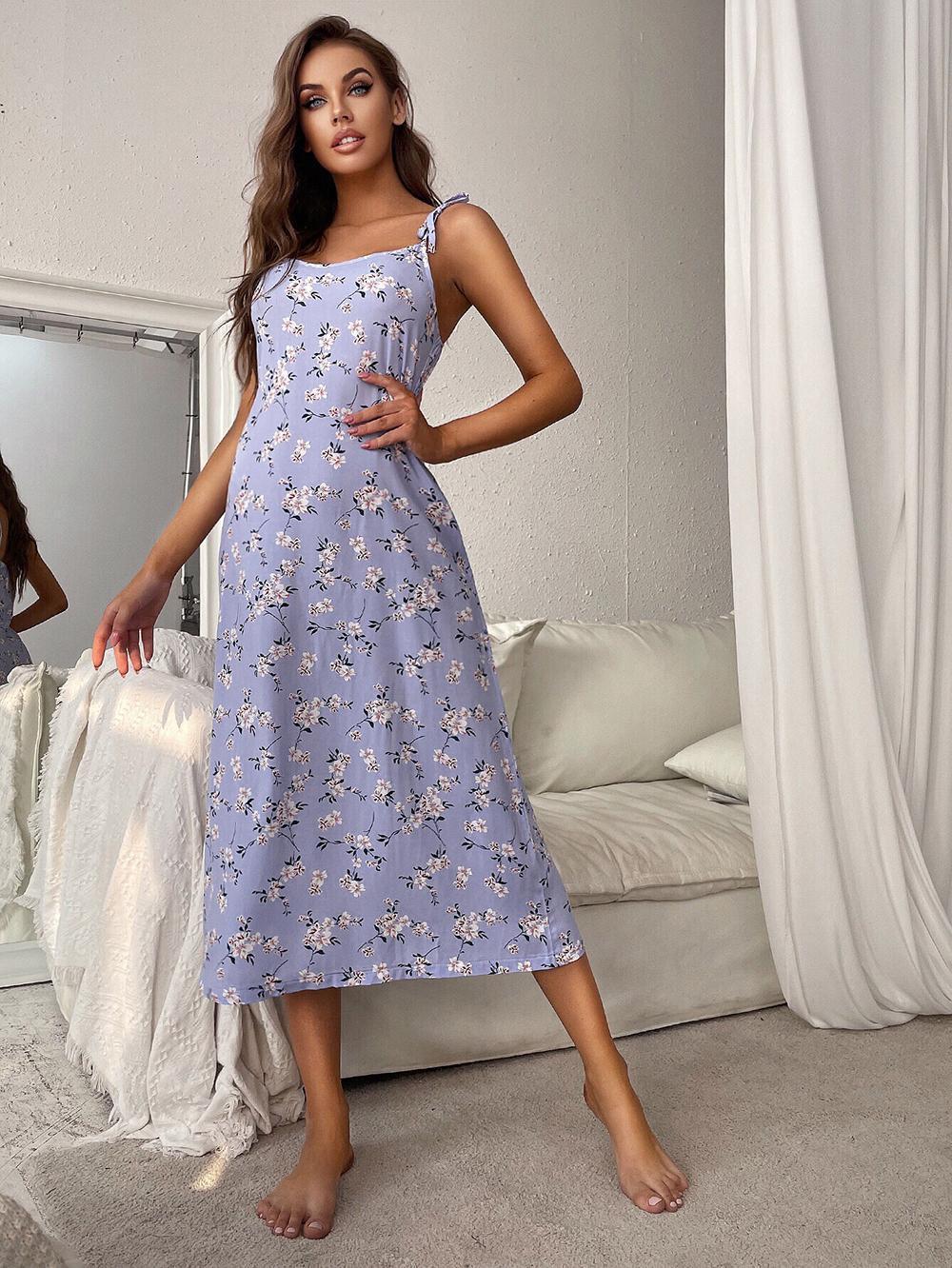Printed Tie Shoulder Midi Night Dress BLUE ZONE PLANET
