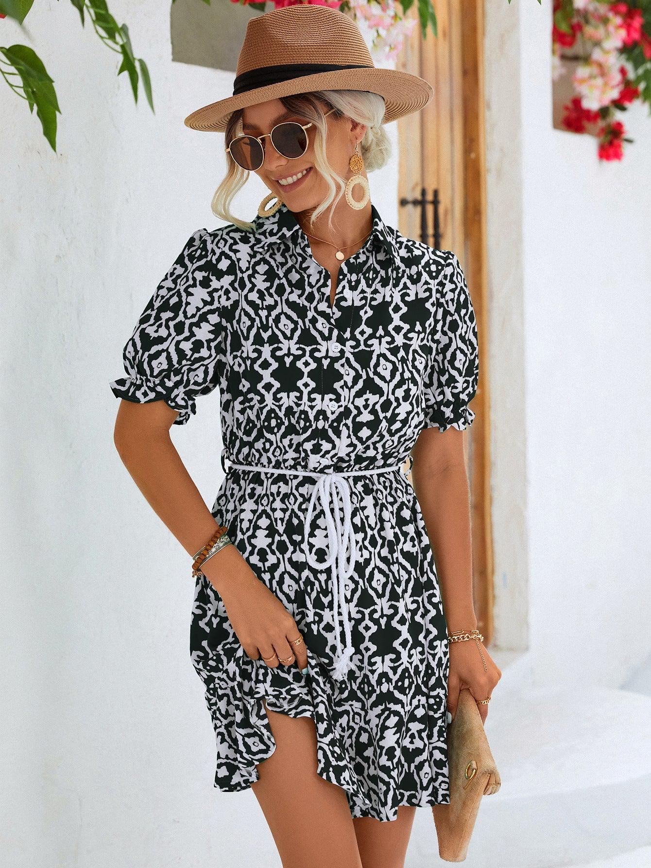 Printed Tie Waist Collared Flounce Sleeve Dress BLUE ZONE PLANET