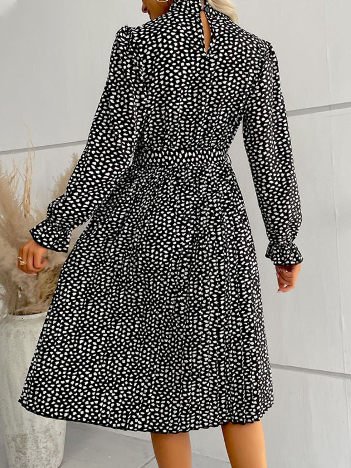 Printed Tie-Waist Flounce Sleeve Keyhole Midi Dress BLUE ZONE PLANET