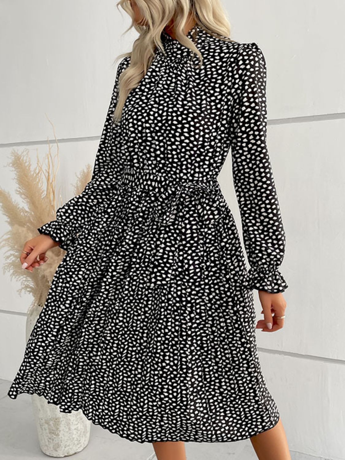 Printed Tie-Waist Flounce Sleeve Keyhole Midi Dress BLUE ZONE PLANET