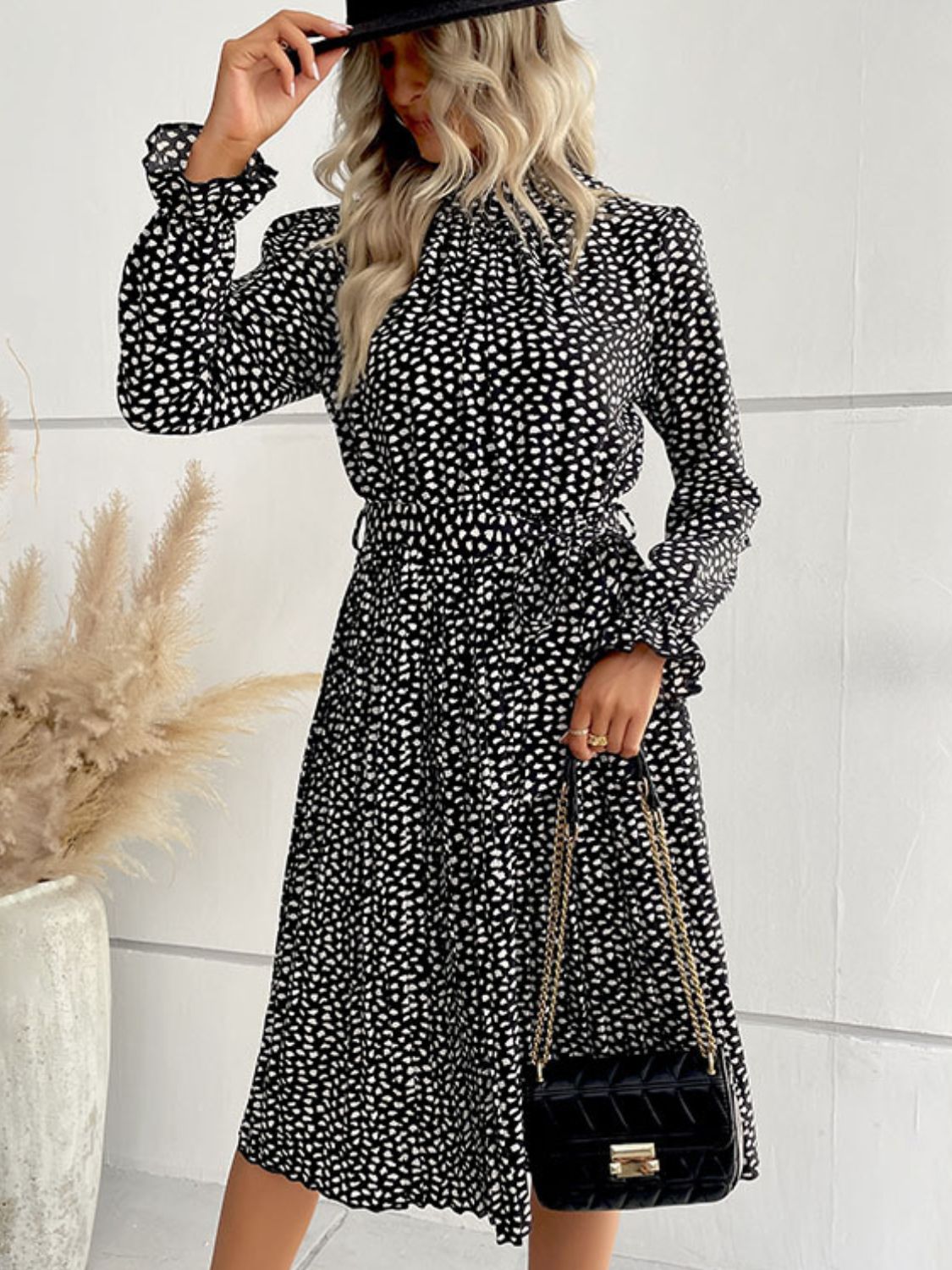 Printed Tie-Waist Flounce Sleeve Keyhole Midi Dress BLUE ZONE PLANET