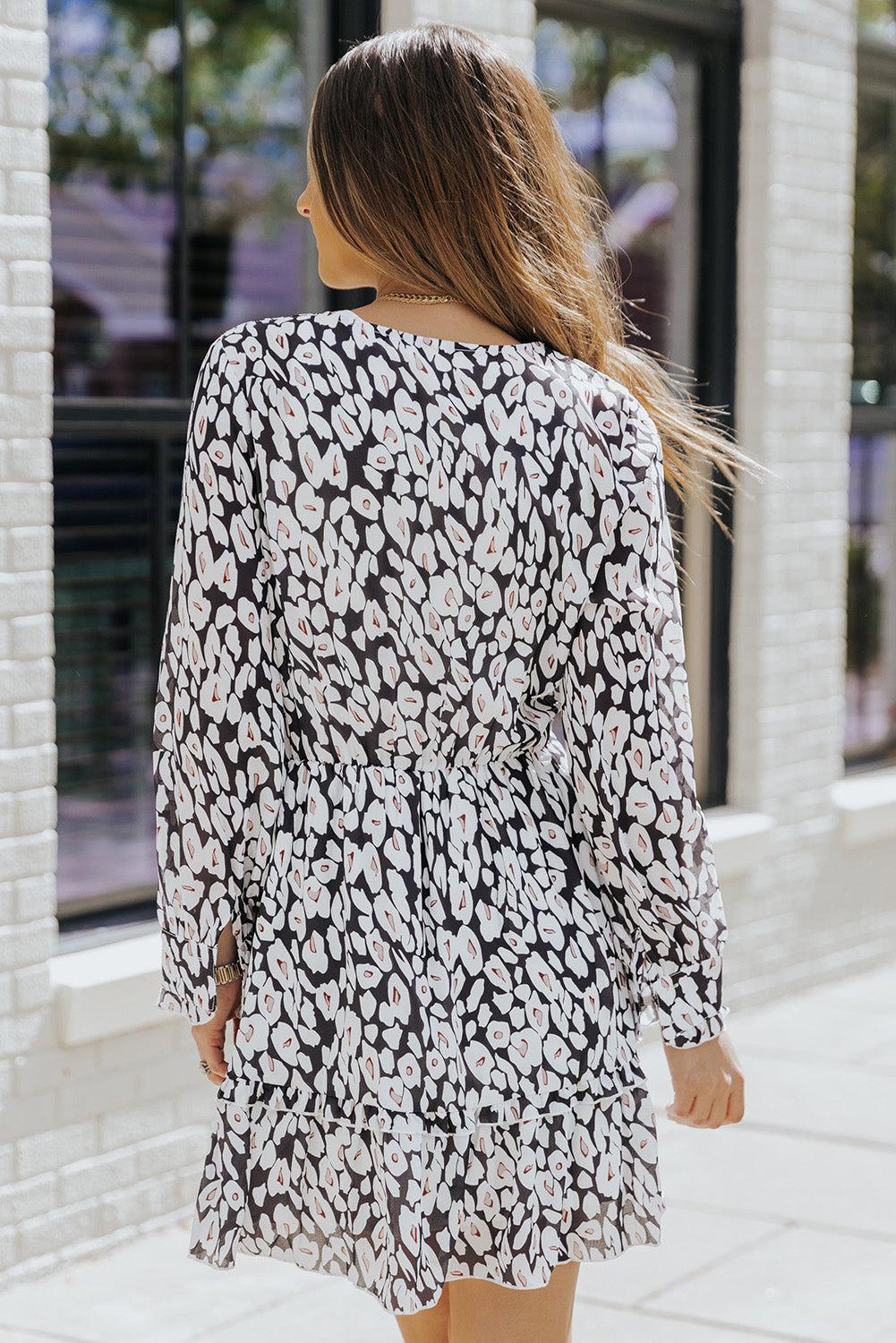 Printed Tie-Waist Long Flounce Sleeve Dress BLUE ZONE PLANET