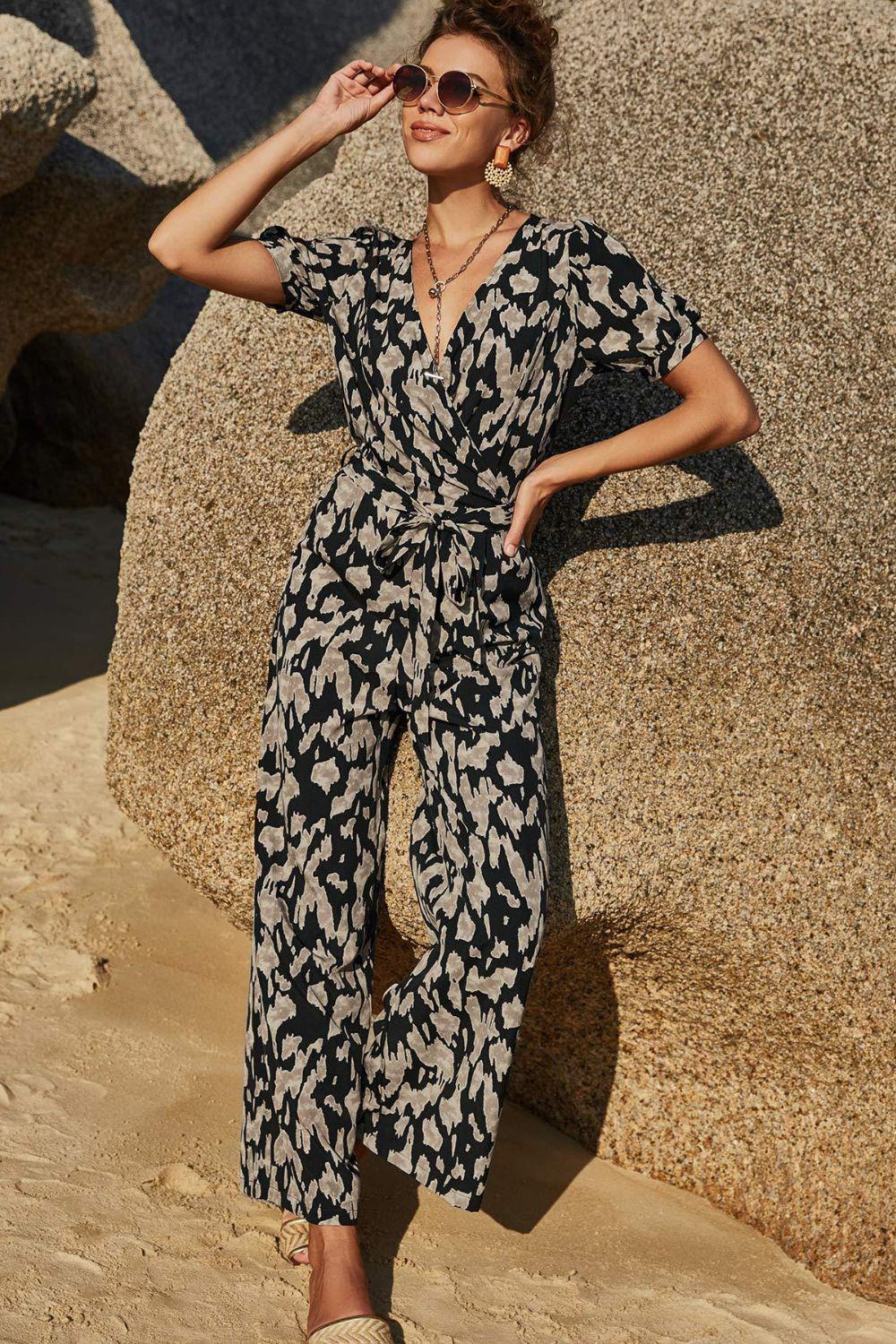 Printed Tie-Waist Surplice Jumpsuit BLUE ZONE PLANET