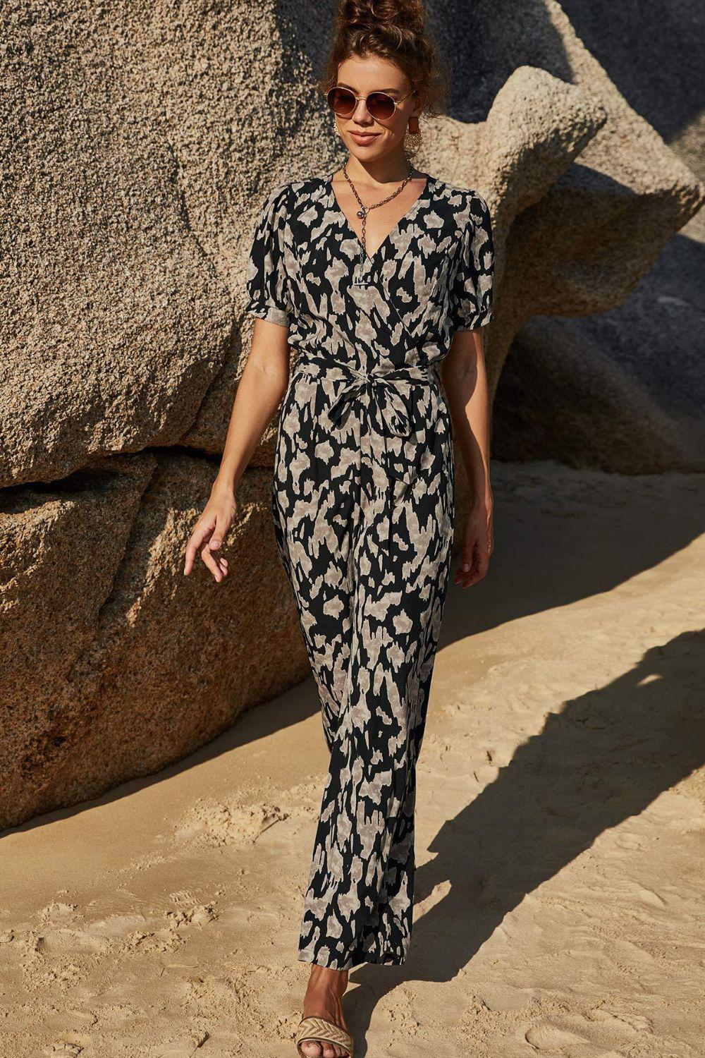 Printed Tie-Waist Surplice Jumpsuit BLUE ZONE PLANET