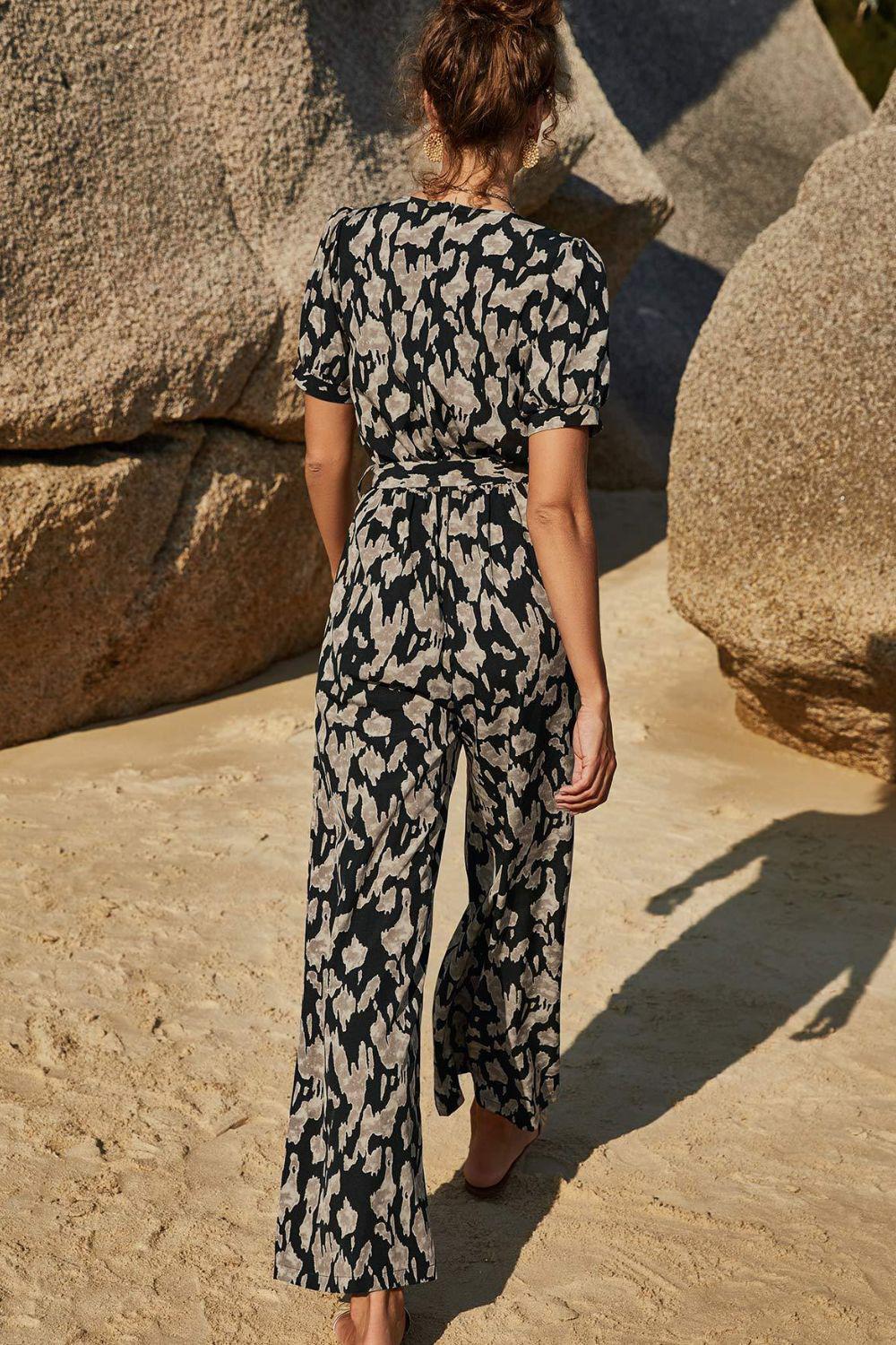 Printed Tie-Waist Surplice Jumpsuit BLUE ZONE PLANET