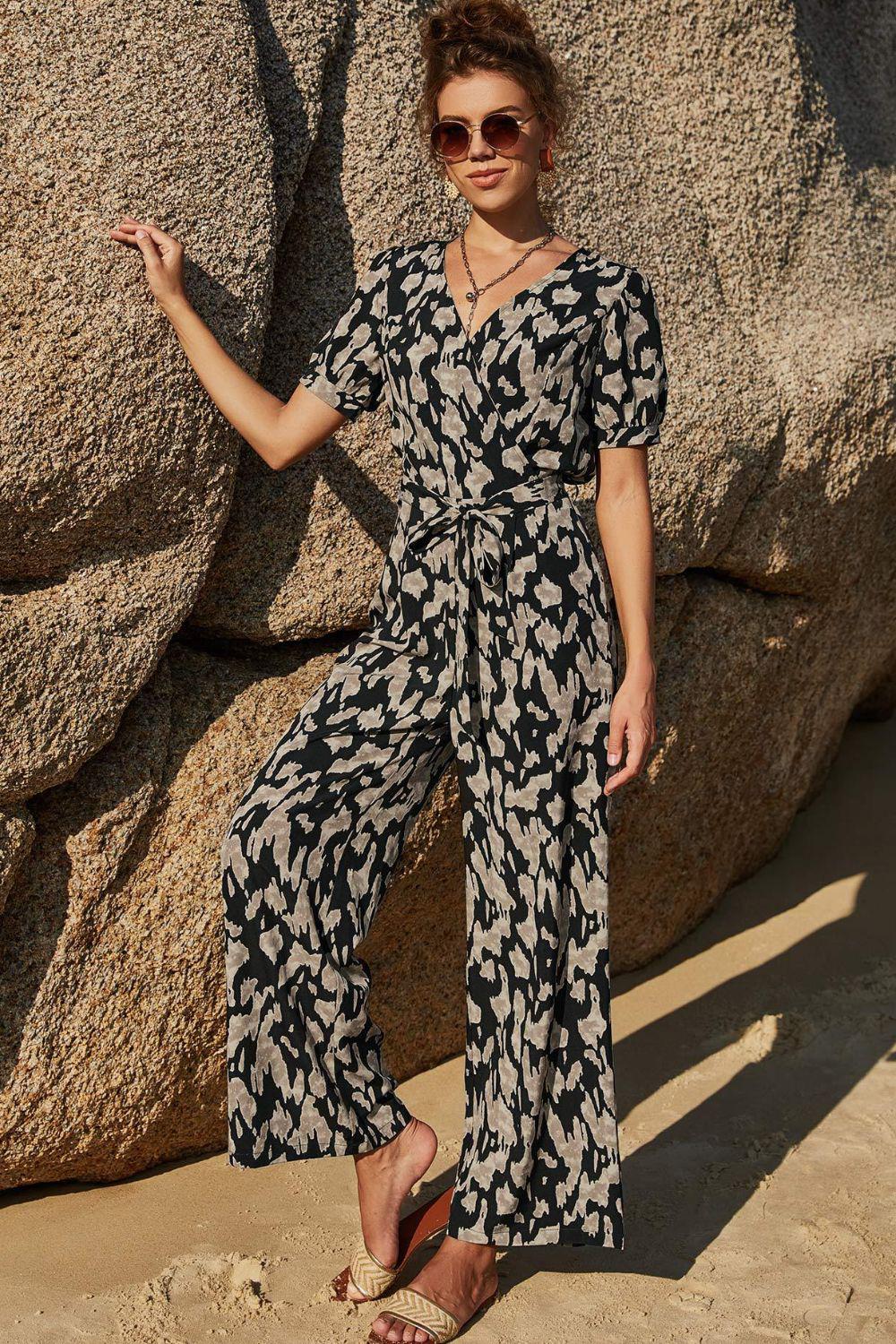 Printed Tie-Waist Surplice Jumpsuit BLUE ZONE PLANET