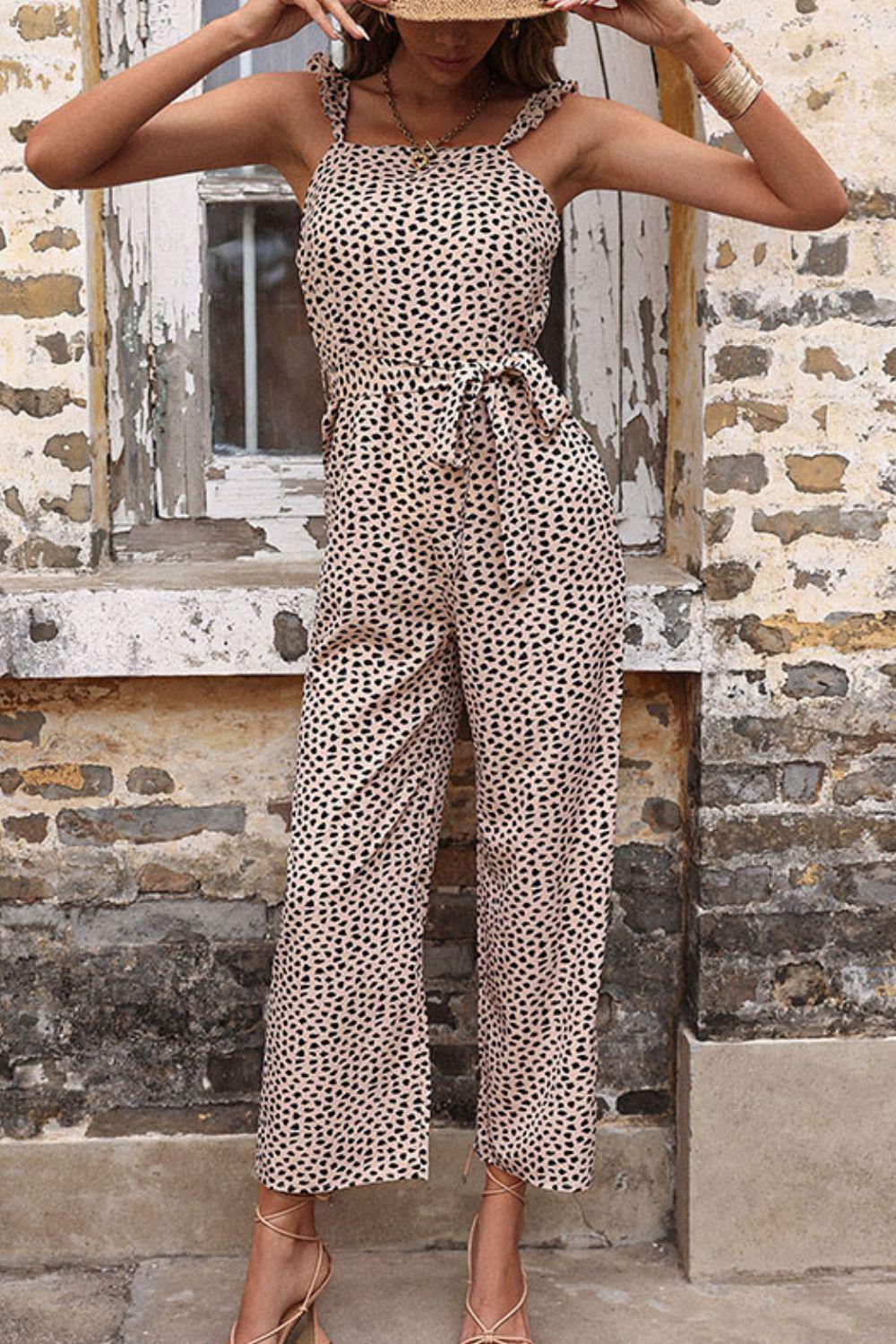 Printed Tie-Waist Wide Leg Jumpsuit BLUE ZONE PLANET