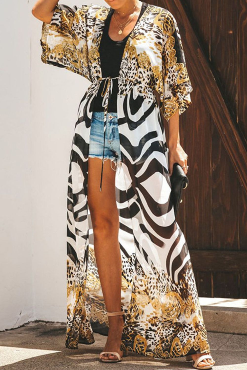 Printed Tied Duster Cardigan BLUE ZONE PLANET