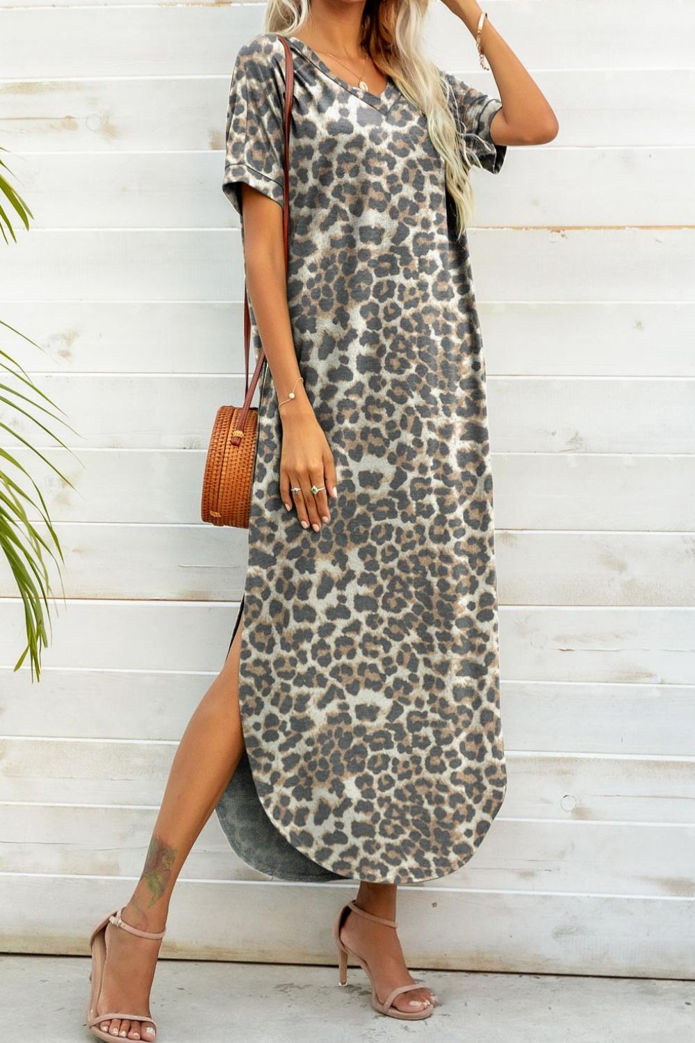 Printed V-Neck Curved Hem Dress BLUE ZONE PLANET