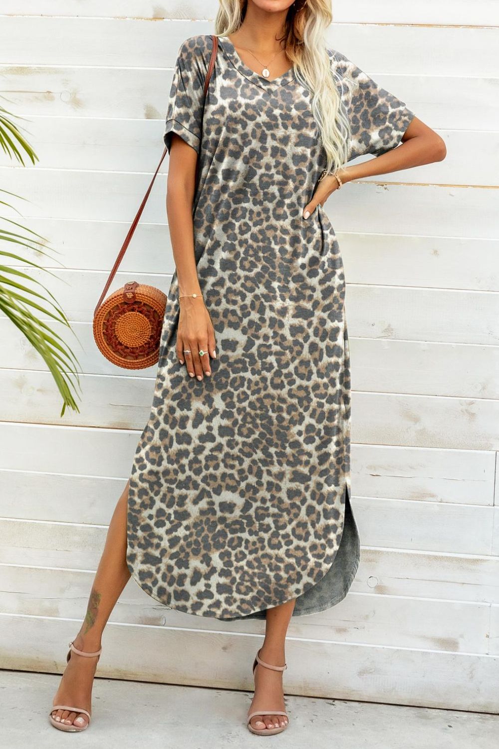 Printed V-Neck Curved Hem Dress BLUE ZONE PLANET