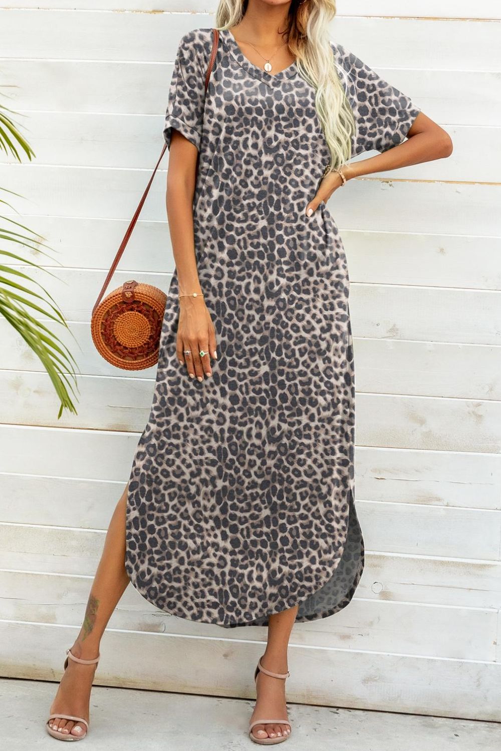 Printed V-Neck Curved Hem Dress BLUE ZONE PLANET