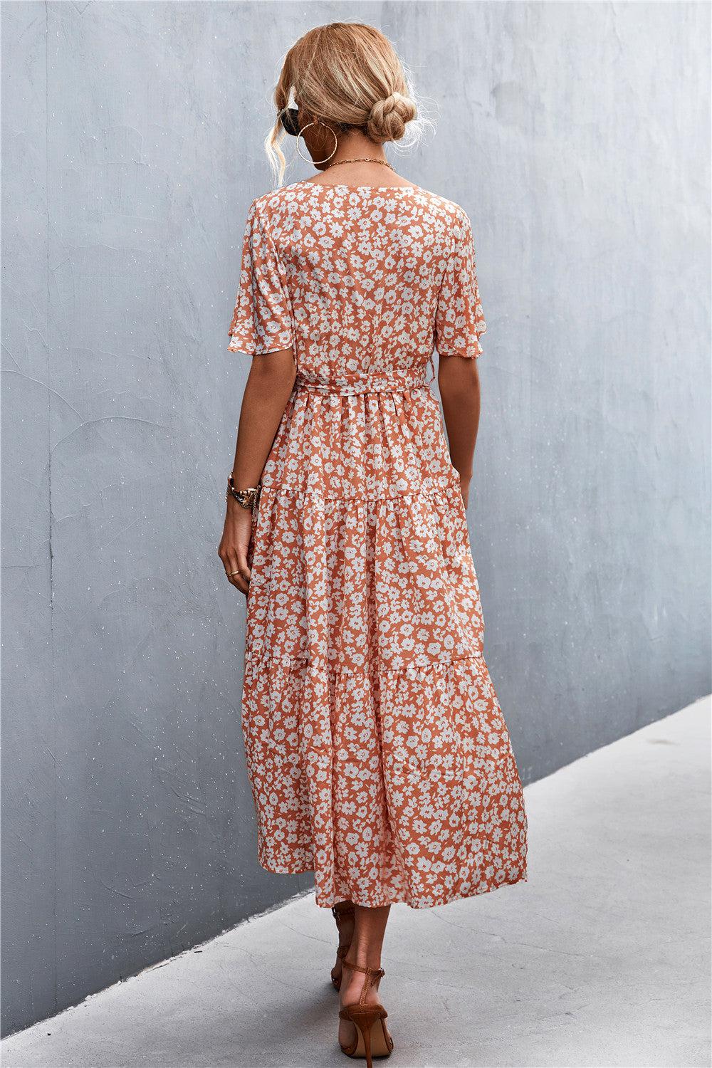 Printed V-Neck Flutter Sleeve Belted Midi Dress BLUE ZONE PLANET