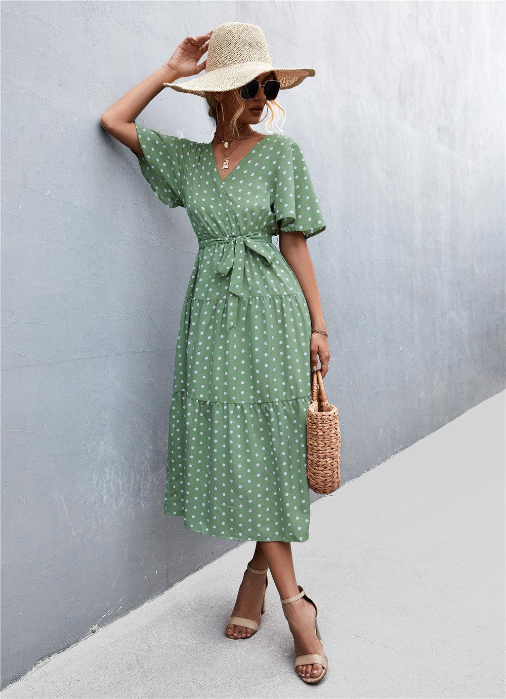 Printed V-Neck Flutter Sleeve Belted Midi Dress BLUE ZONE PLANET
