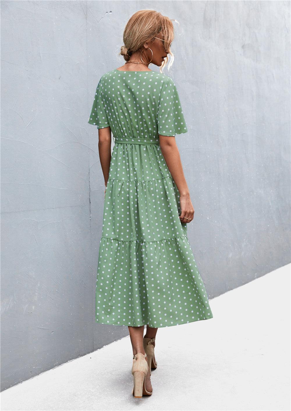 Printed V-Neck Flutter Sleeve Belted Midi Dress BLUE ZONE PLANET