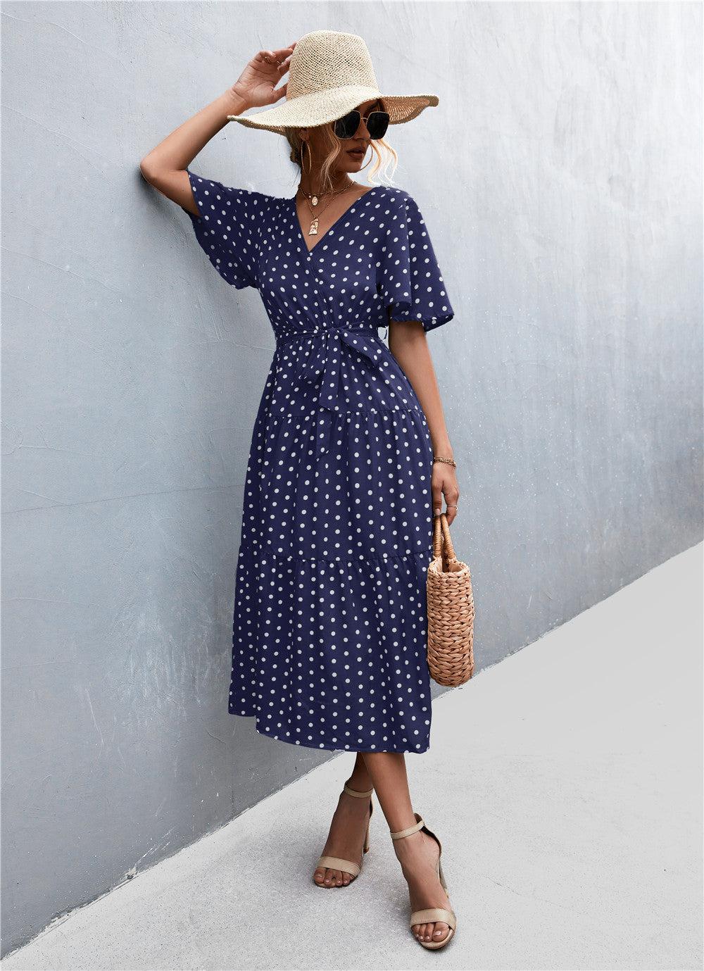 Printed V-Neck Flutter Sleeve Belted Midi Dress BLUE ZONE PLANET
