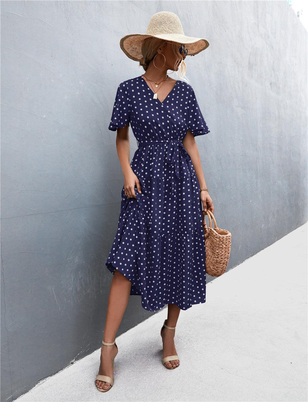 Printed V-Neck Flutter Sleeve Belted Midi Dress BLUE ZONE PLANET