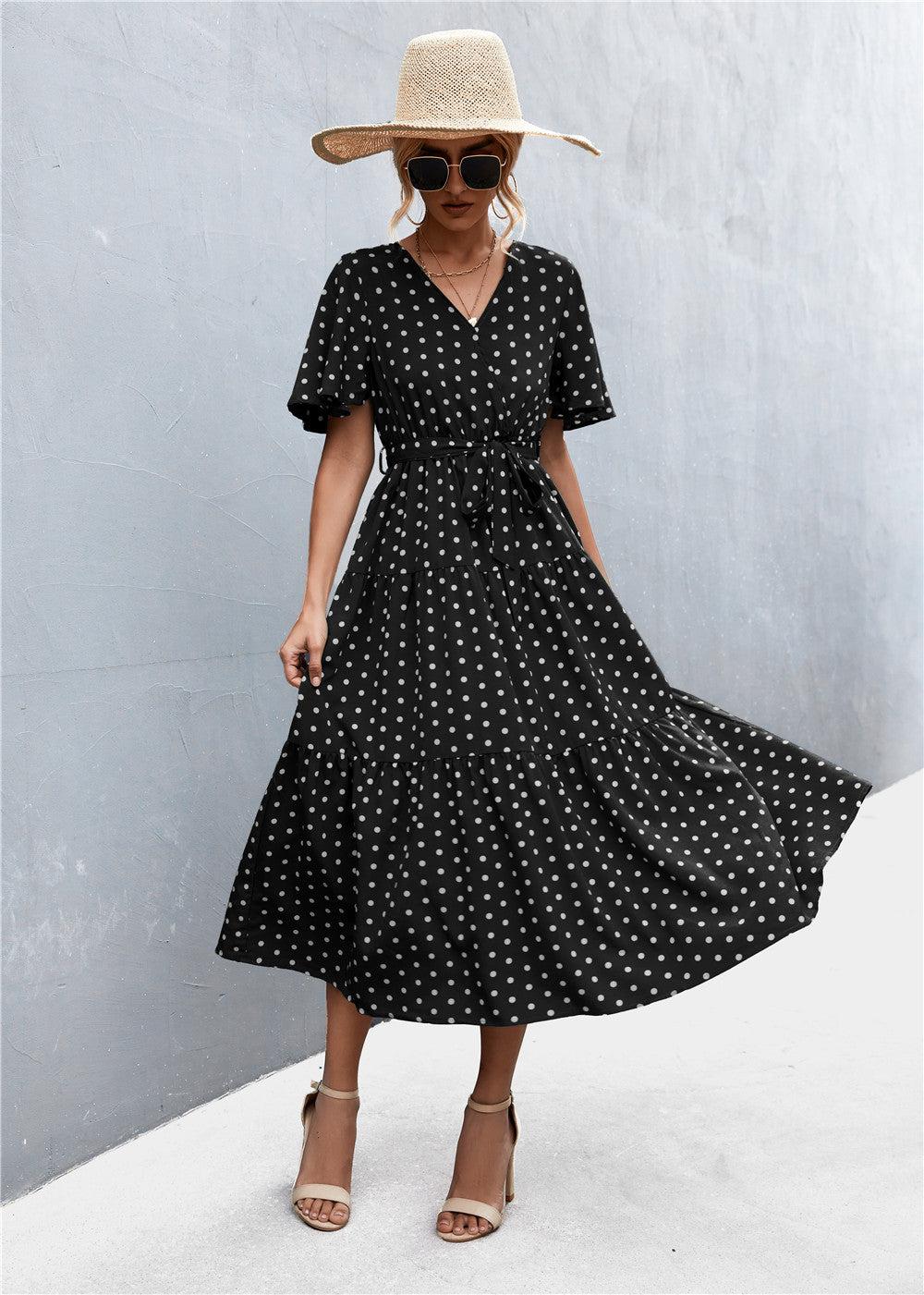 Printed V-Neck Flutter Sleeve Belted Midi Dress BLUE ZONE PLANET