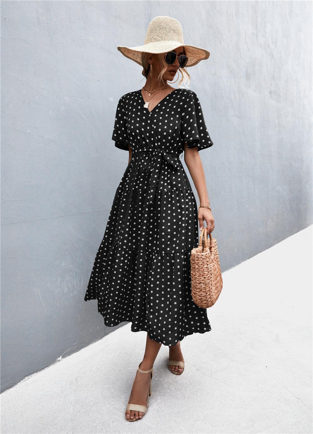 Printed V-Neck Flutter Sleeve Belted Midi Dress BLUE ZONE PLANET