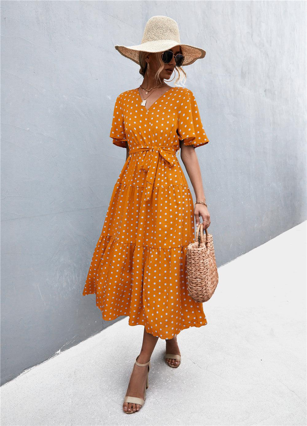 Printed V-Neck Flutter Sleeve Belted Midi Dress BLUE ZONE PLANET