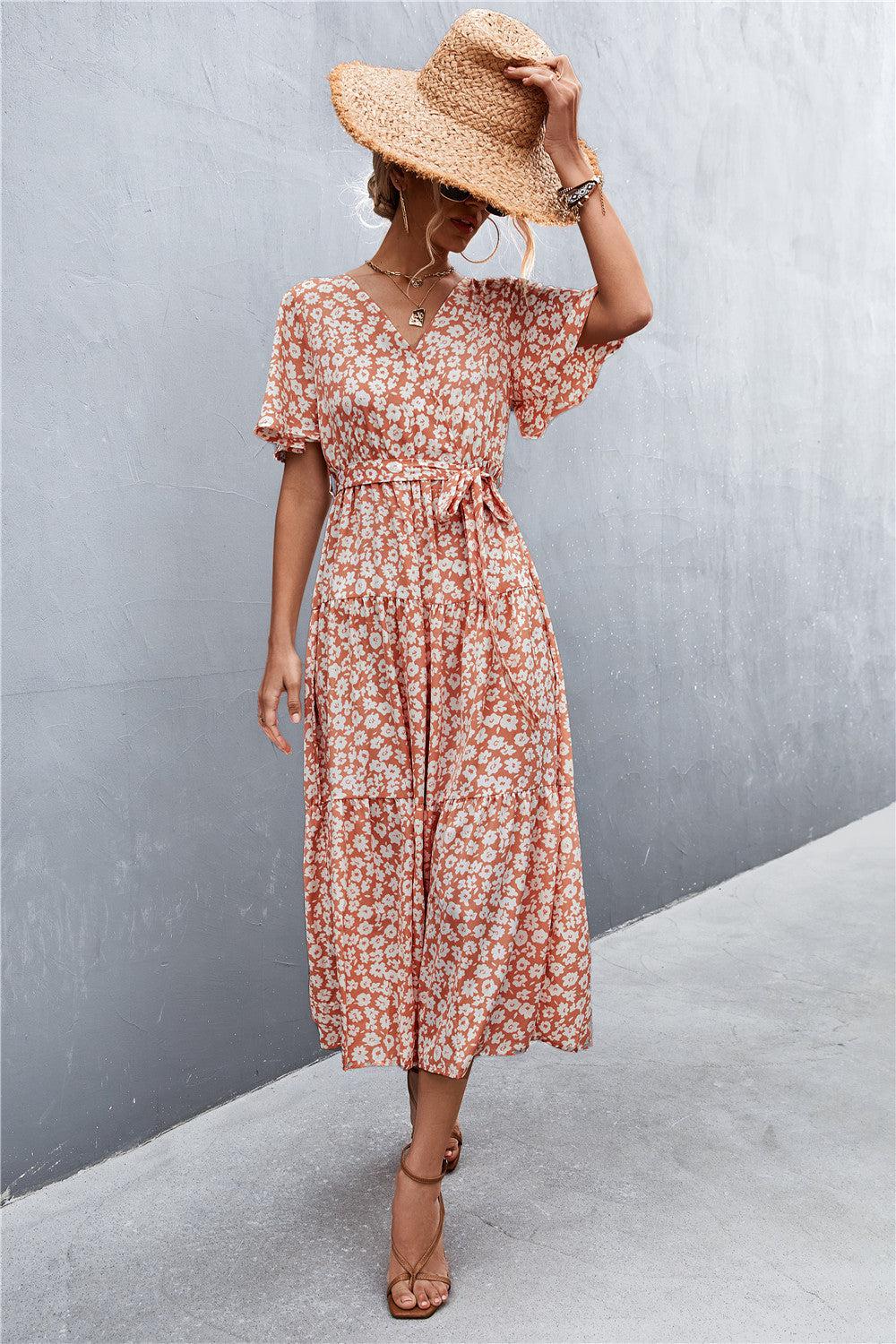 Printed V-Neck Flutter Sleeve Belted Midi Dress BLUE ZONE PLANET