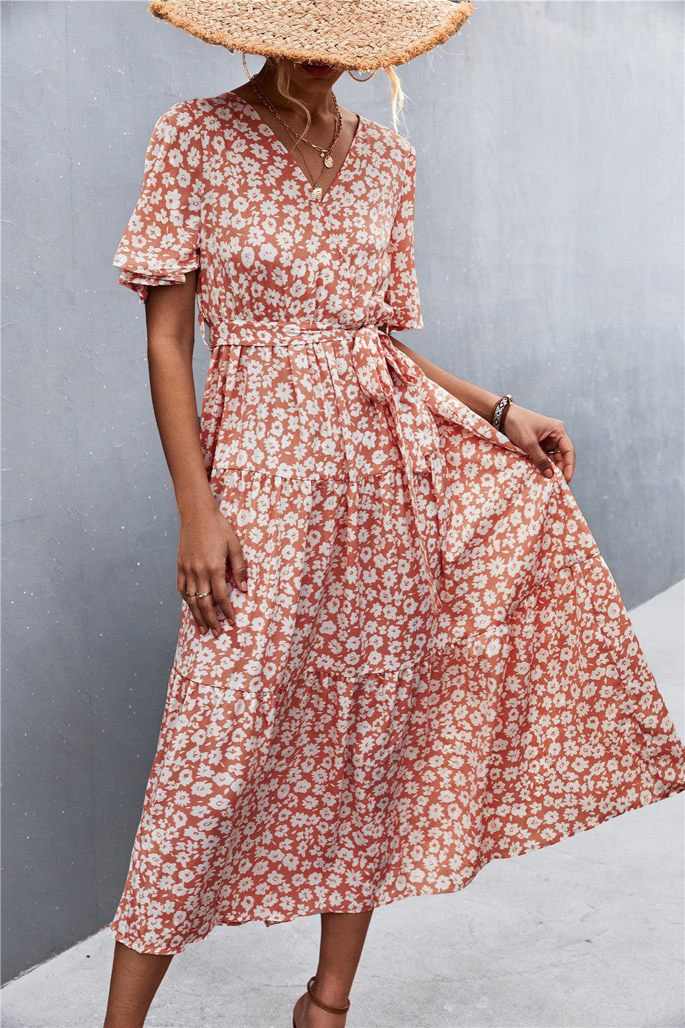 Printed V-Neck Flutter Sleeve Belted Midi Dress BLUE ZONE PLANET