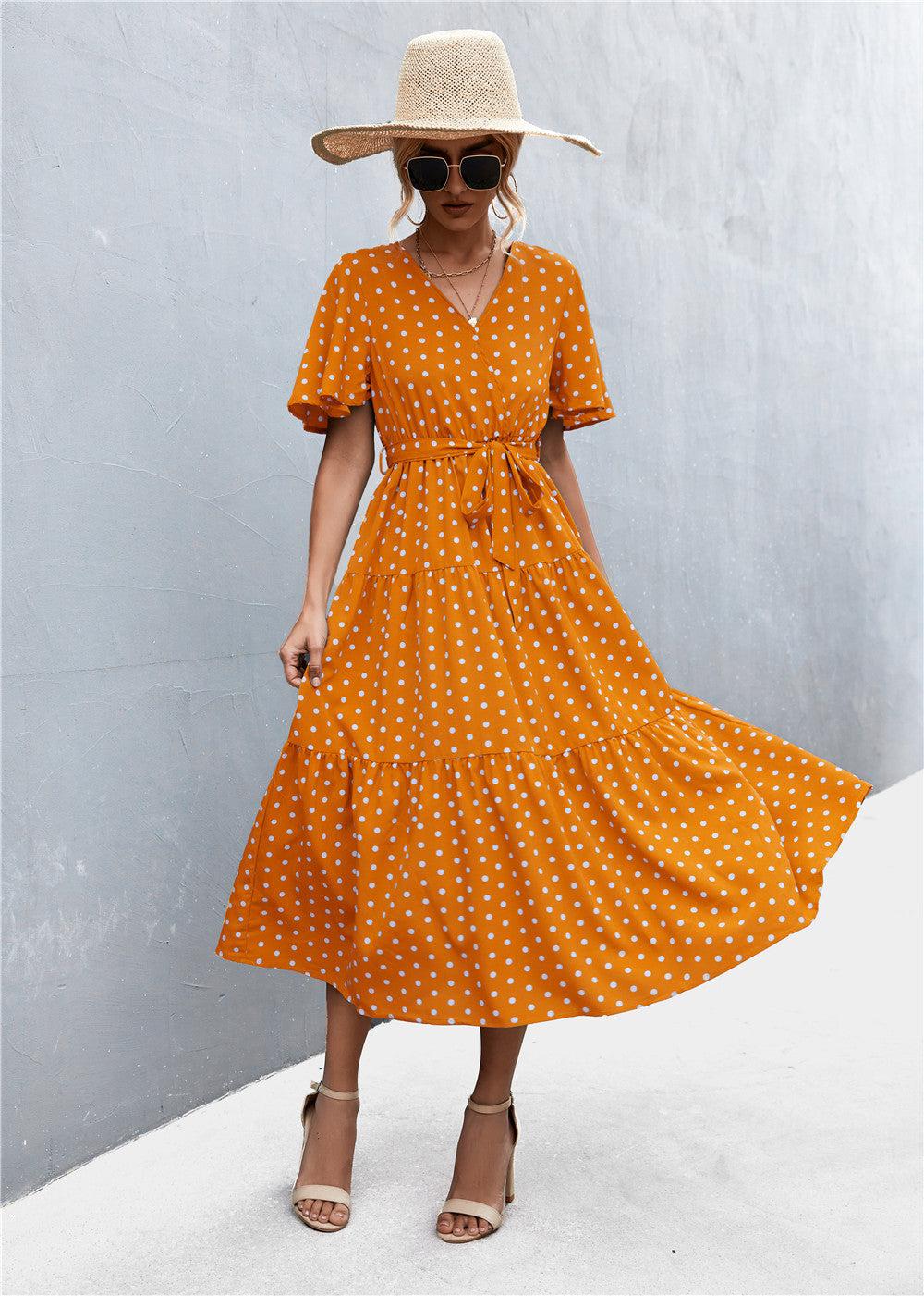 Printed V-Neck Flutter Sleeve Belted Midi Dress BLUE ZONE PLANET