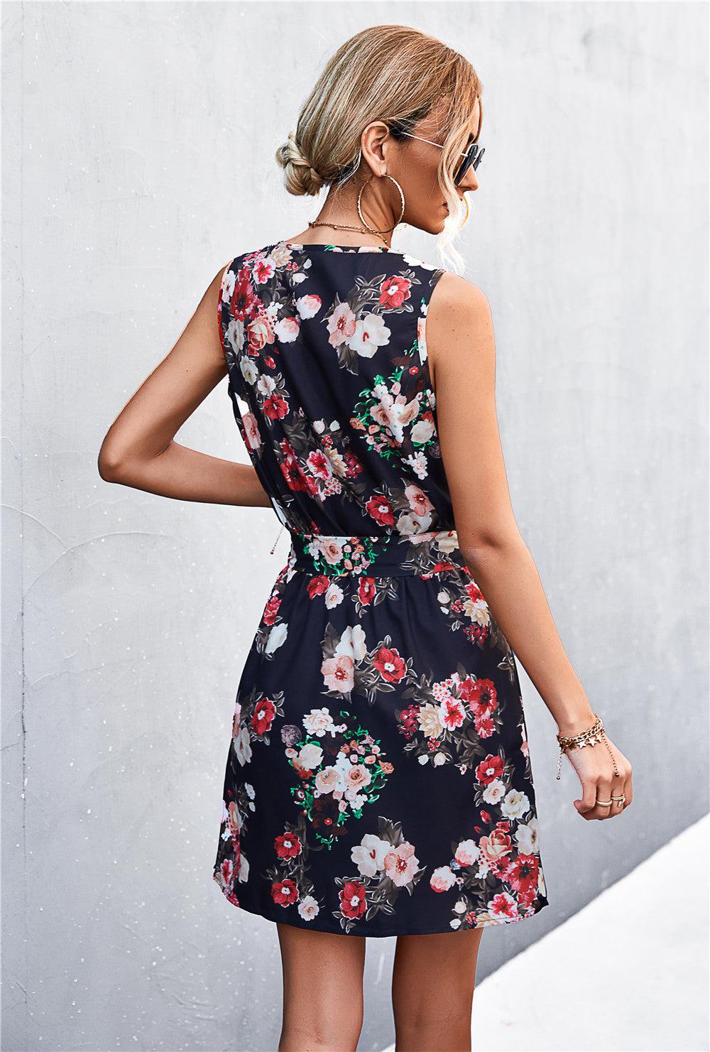 Printed Zip Detail Belted Sleeveless Dress BLUE ZONE PLANET
