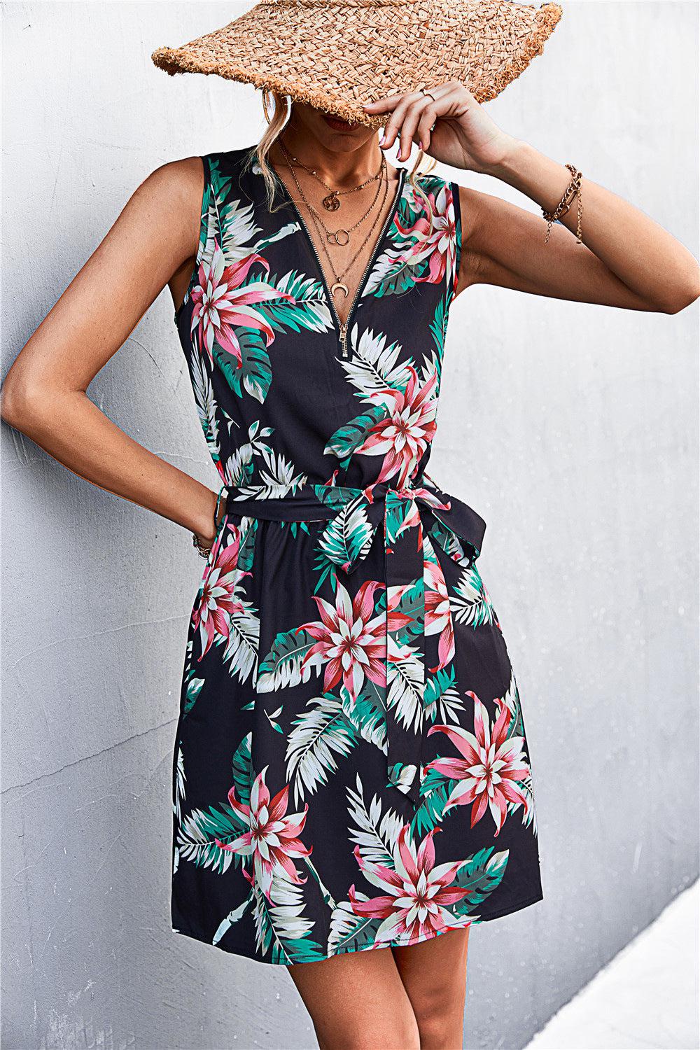 Printed Zip Detail Belted Sleeveless Dress BLUE ZONE PLANET