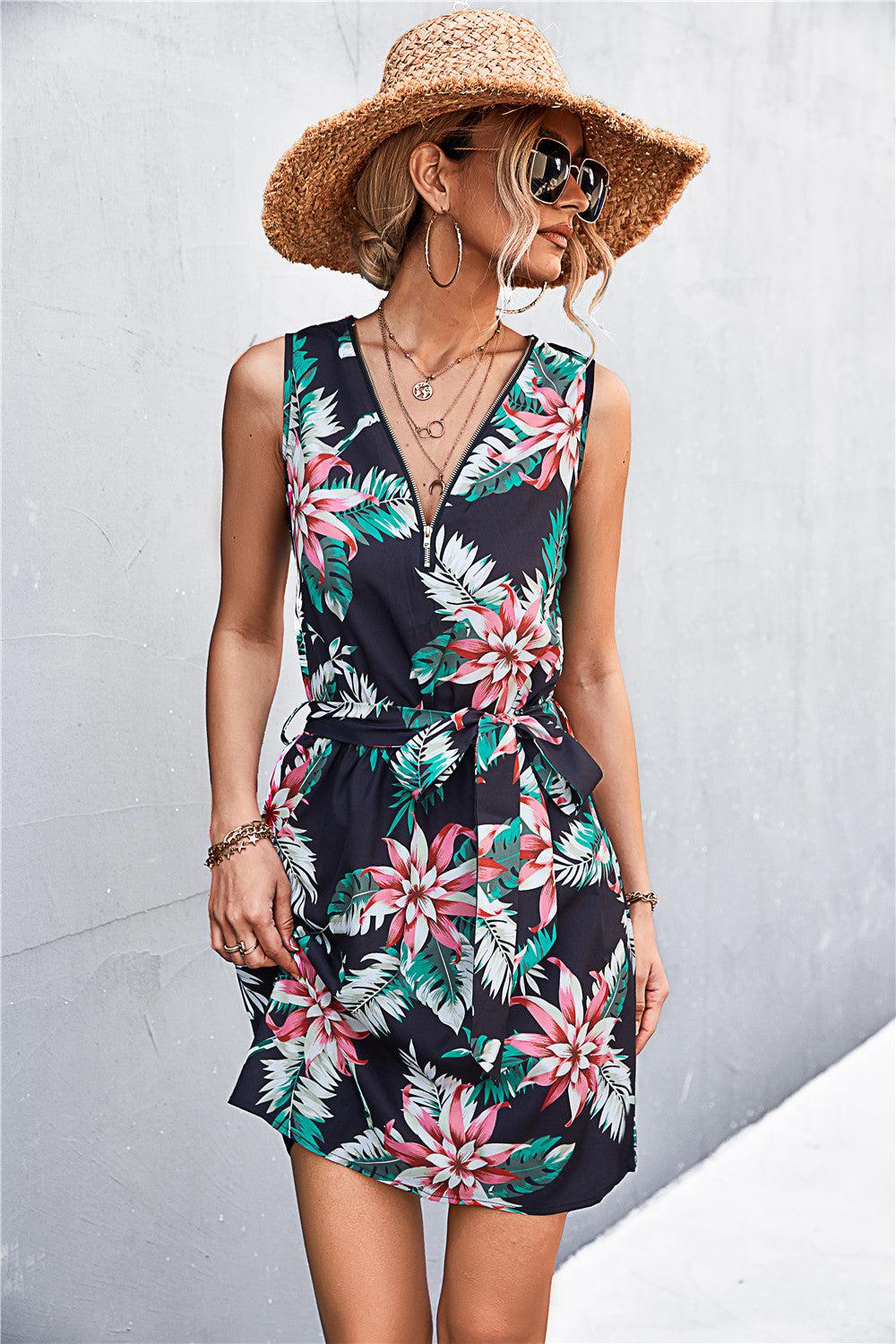 Printed Zip Detail Belted Sleeveless Dress BLUE ZONE PLANET