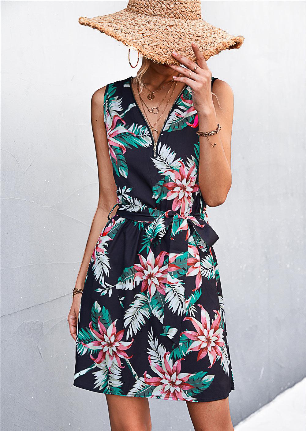Printed Zip Detail Belted Sleeveless Dress BLUE ZONE PLANET
