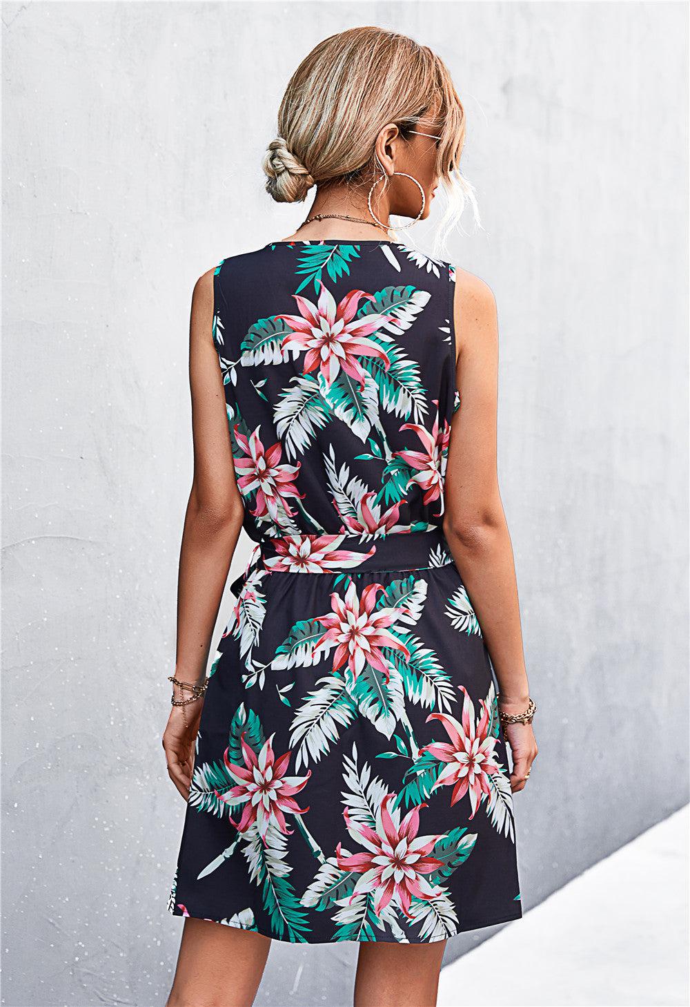Printed Zip Detail Belted Sleeveless Dress BLUE ZONE PLANET