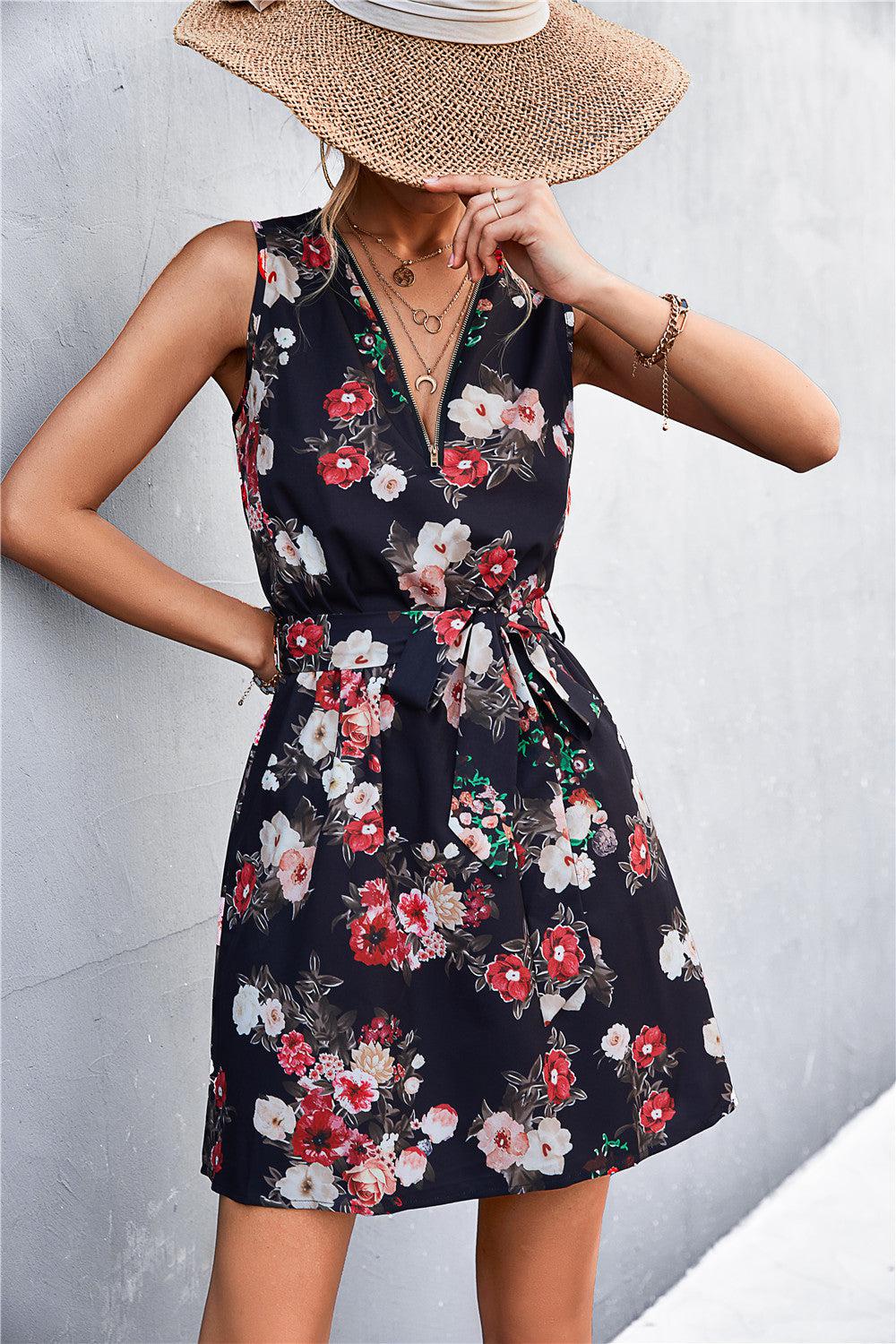 Printed Zip Detail Belted Sleeveless Dress BLUE ZONE PLANET