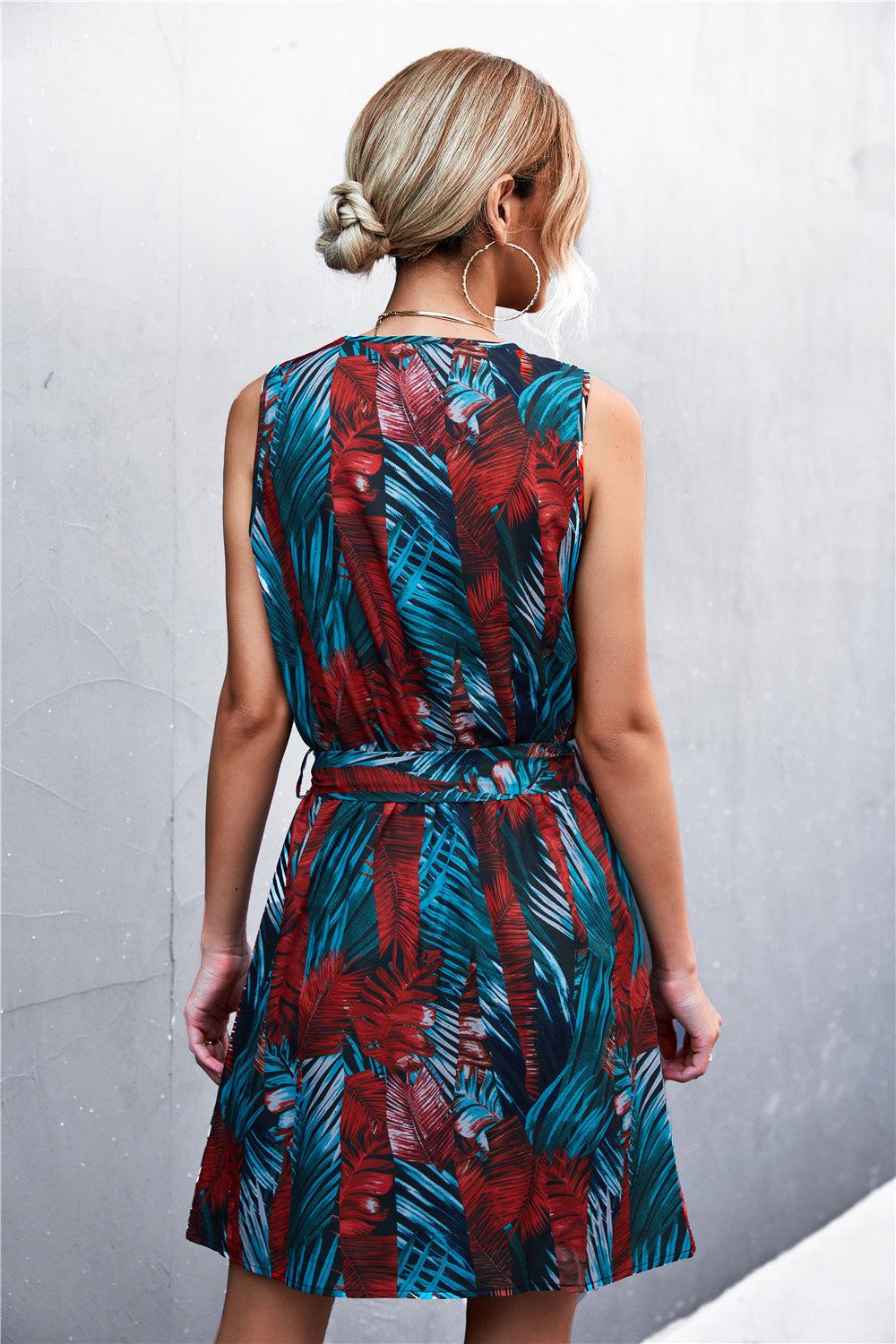 Printed Zip Detail Belted Sleeveless Dress BLUE ZONE PLANET