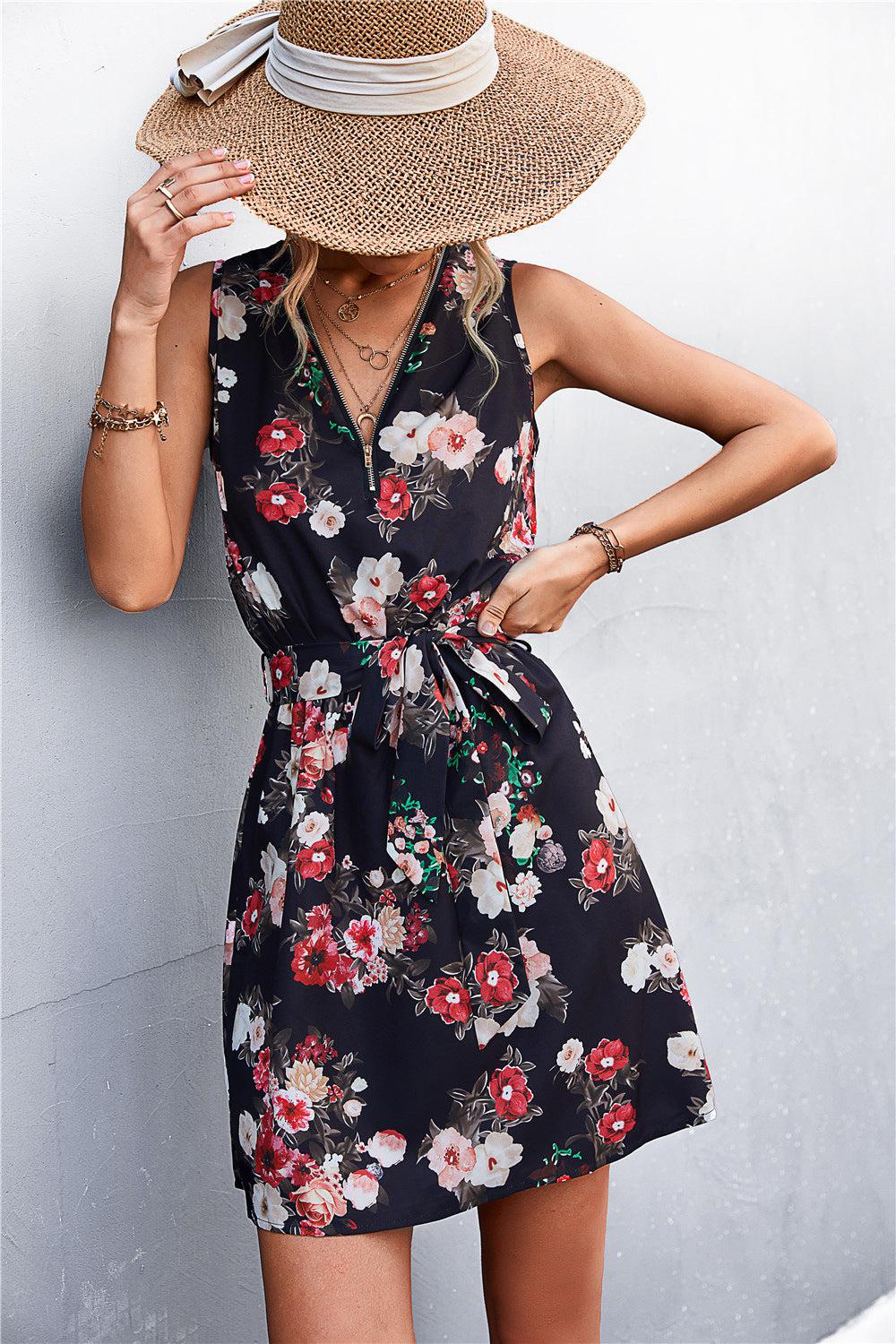 Printed Zip Detail Belted Sleeveless Dress BLUE ZONE PLANET