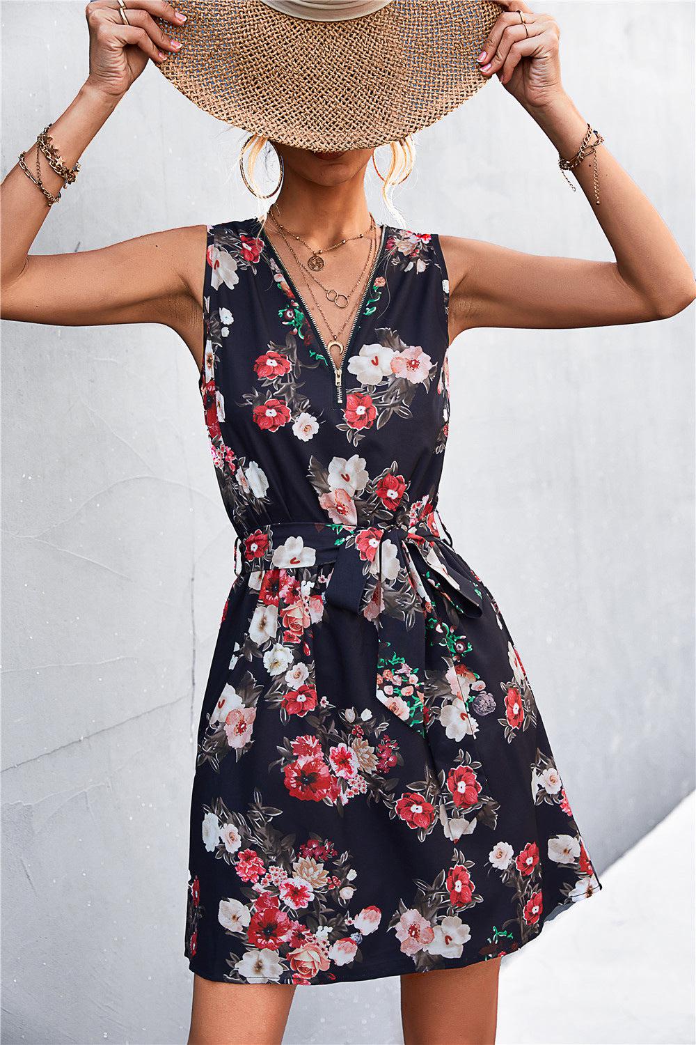 Printed Zip Detail Belted Sleeveless Dress BLUE ZONE PLANET