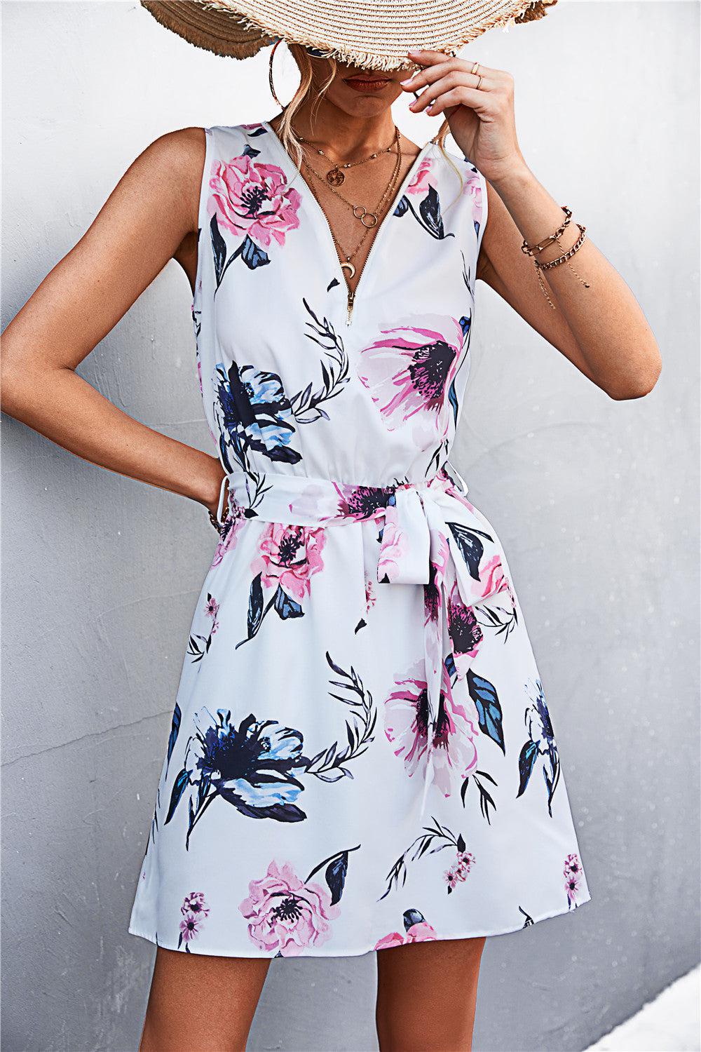 Printed Zip Detail Belted Sleeveless Dress BLUE ZONE PLANET