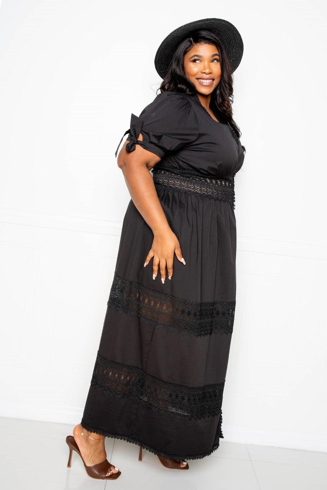 Puff Sleeve Maxi Dress With Lace Insert Blue Zone Planet