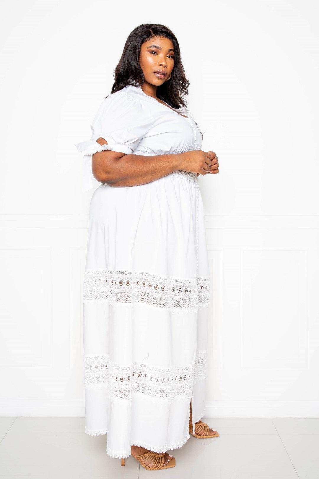 Puff Sleeve Maxi Dress With Lace Insert Blue Zone Planet