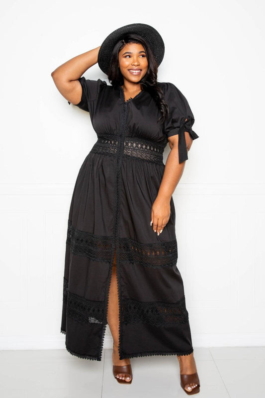 Puff Sleeve Maxi Dress With Lace Insert Blue Zone Planet