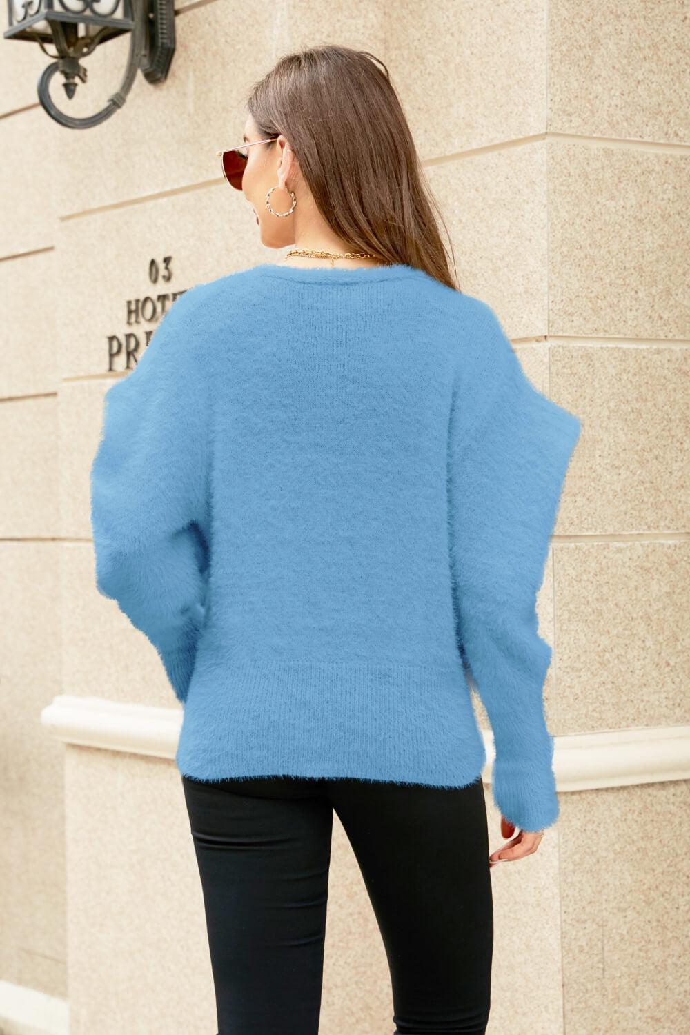Puff Sleeve V-Neck Fuzzy Cardigan BLUE ZONE PLANET