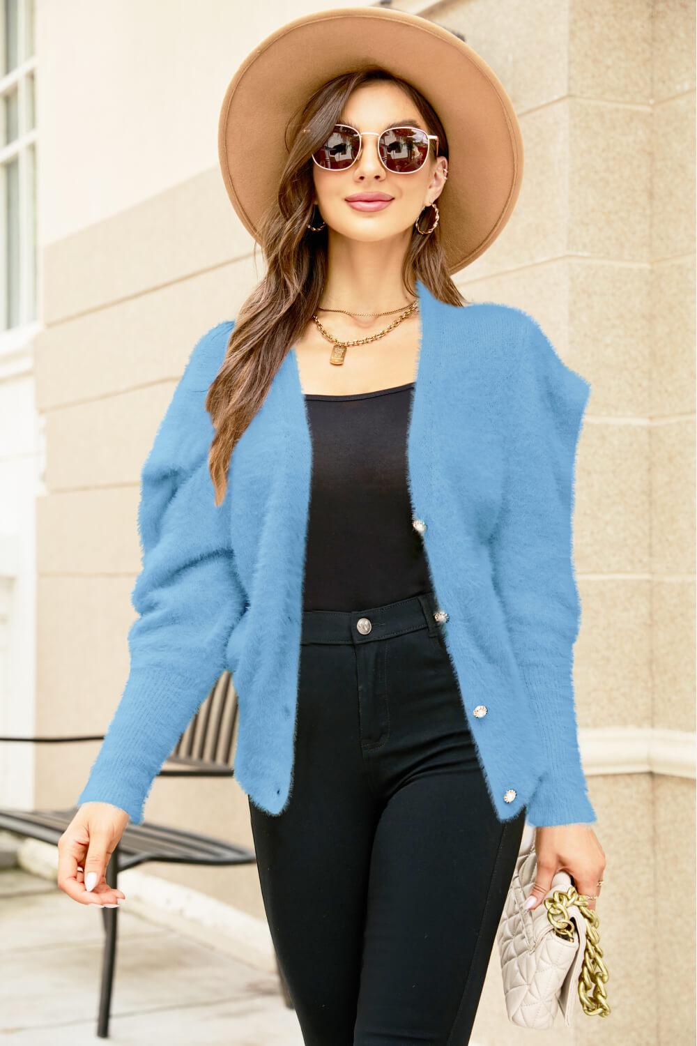 Puff Sleeve V-Neck Fuzzy Cardigan BLUE ZONE PLANET