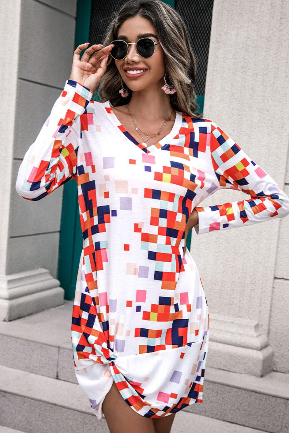 Rainbow Checker Twisted Long Sleeve Dress BLUE ZONE PLANET