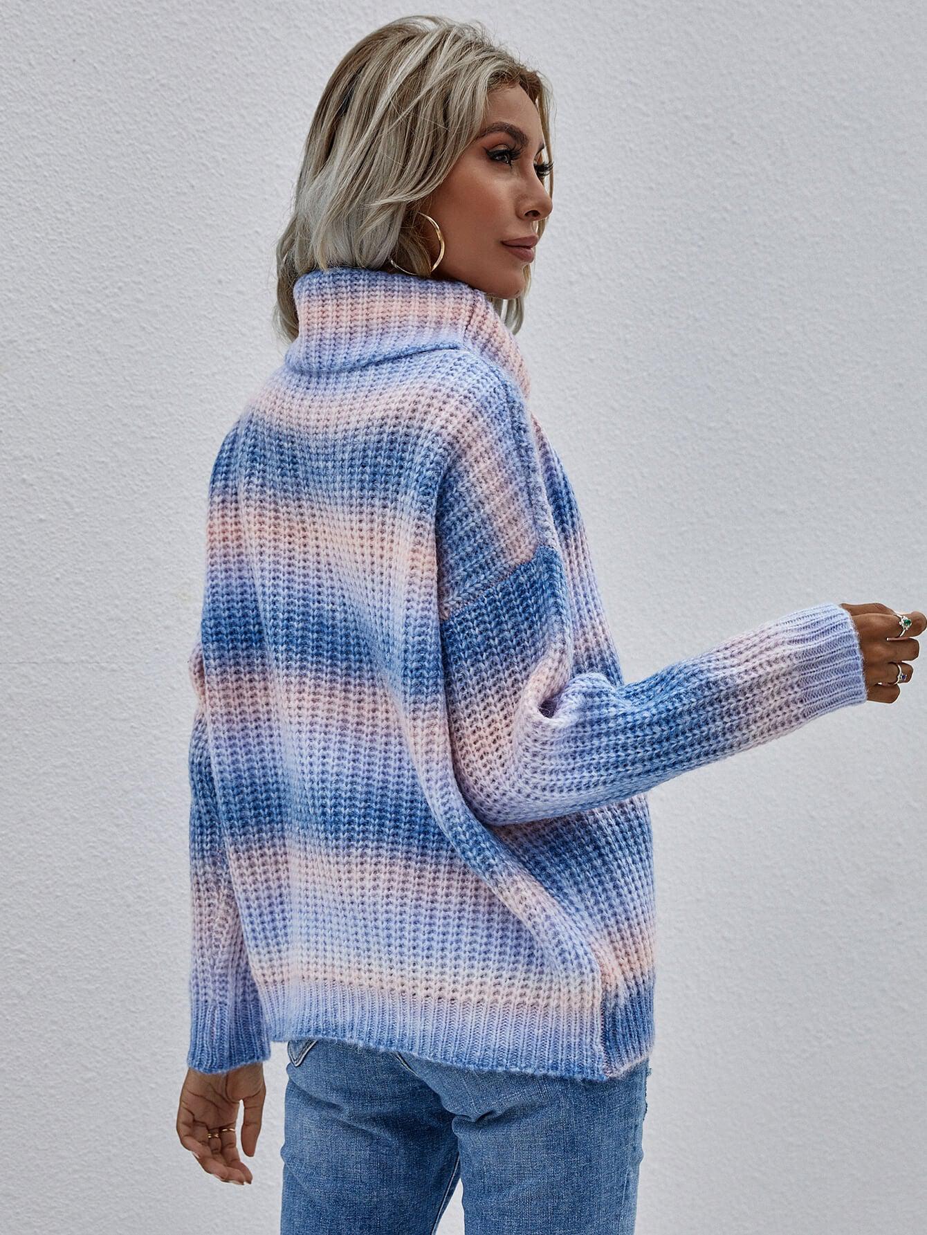 Rainbow Rib-Knit Turtleneck Drop Shoulder Sweater BLUE ZONE PLANET