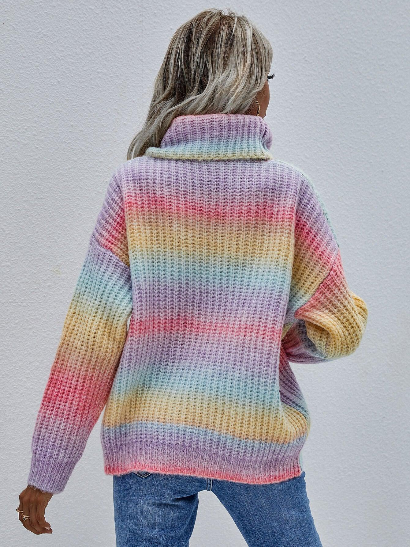 Rainbow Rib-Knit Turtleneck Drop Shoulder Sweater BLUE ZONE PLANET