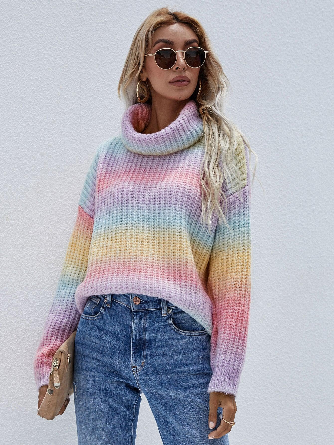 Rainbow Rib-Knit Turtleneck Drop Shoulder Sweater BLUE ZONE PLANET