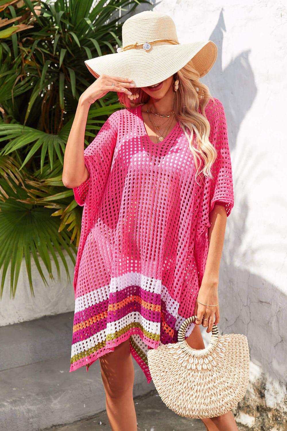 Rainbow Stripe Openwork Slit Cover-Up BLUE ZONE PLANET