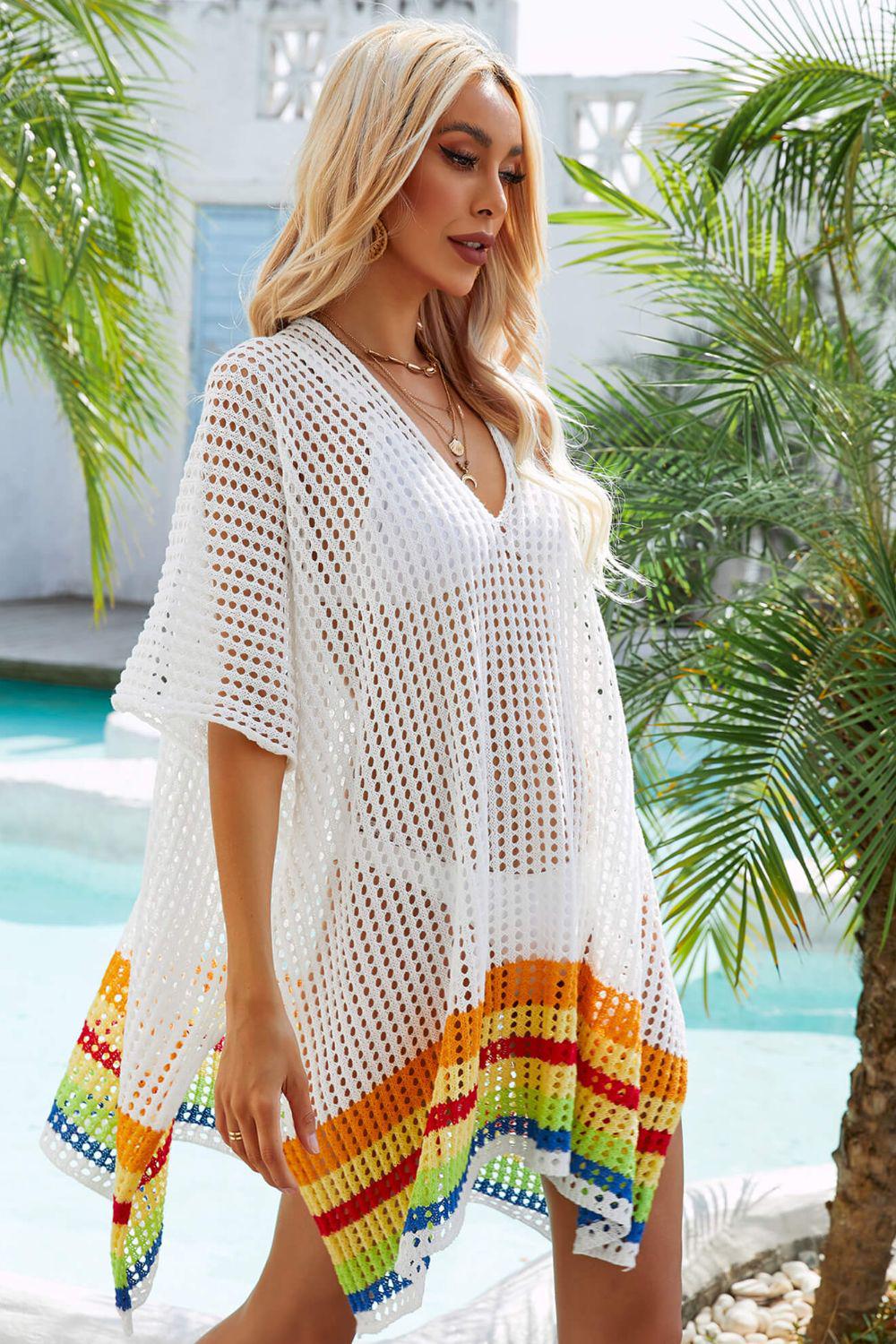 Rainbow Stripe Openwork Slit Cover-Up BLUE ZONE PLANET