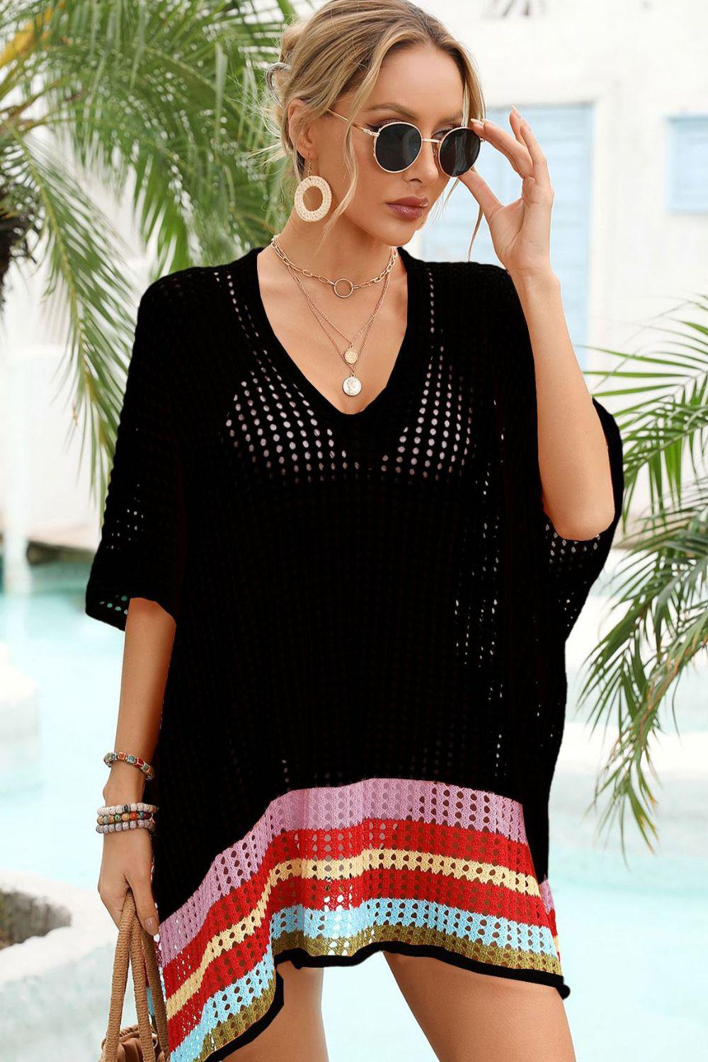 Rainbow Stripe Openwork Slit Cover-Up BLUE ZONE PLANET